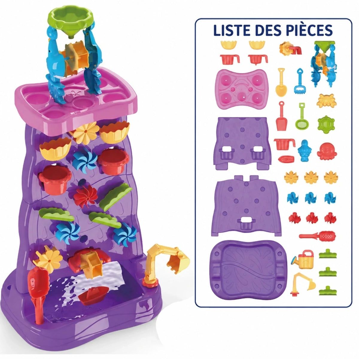 SplashPlay jouet d’eau et de sable: tour d’eau violette et rose avec présentation des pièces.