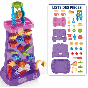 SplashPlay jouet d’eau et de sable: tour d’eau violette et rose avec présentation des pièces.