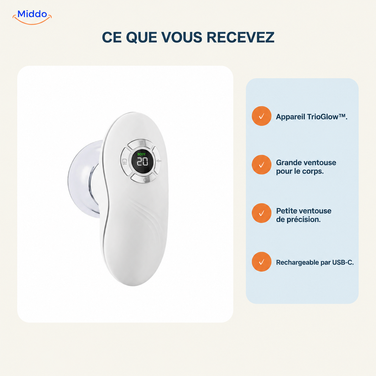 TrioGlow appareil de massage à aspiration: présentation de l’appareil, des ventouses et de la recharge.