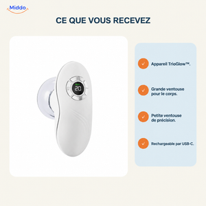 TrioGlow appareil de massage à aspiration: présentation de l’appareil, des ventouses et de la recharge.