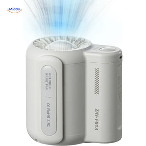 mini ventilateur portable à double clip coloris blanc, idéal pour la randonnée et le camping