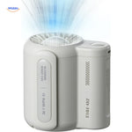 mini ventilateur portable à double clip coloris blanc, idéal pour la randonnée et le camping