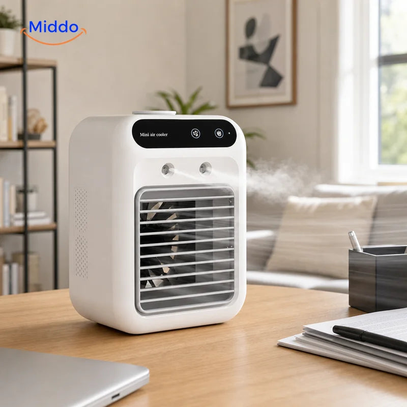 Rafraîchisseur MistoCool compact sur un bureau près d’un ordinateur portable