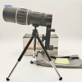 monoculaire couplé au smartphone sur tripod pour prendre des photos nettes de sujets éloignés