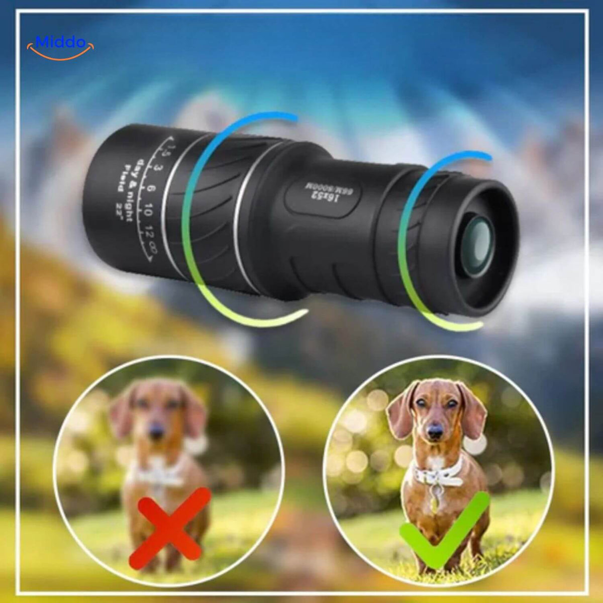 monoculaire compact avec mise au point améliorée, observé en compagnie d'un chien en extérieur