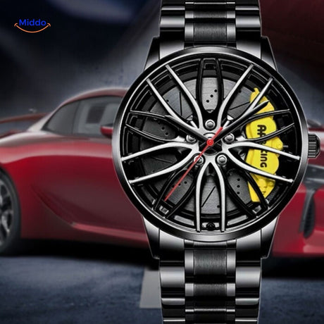 montre automatique homme avec accents jaunes vifs et bracelet en cuir élégant