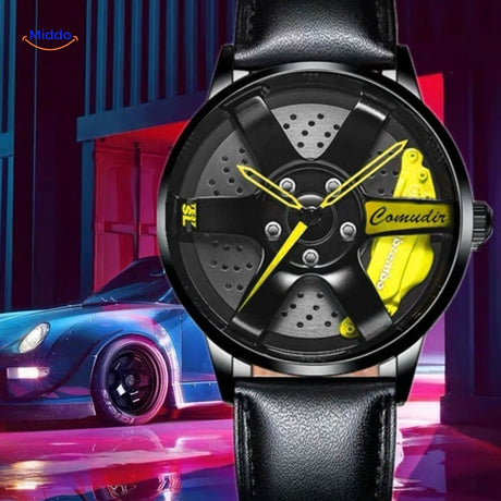 montre automatique avec accents jaunes et bracelet en maille métallique moderne
