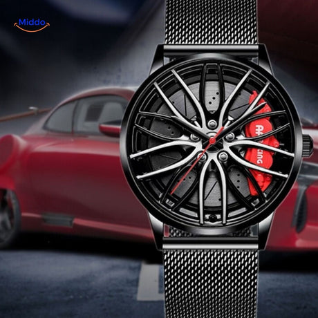 montre automatique élégante avec accents rouges et bracelet en cuir stylé