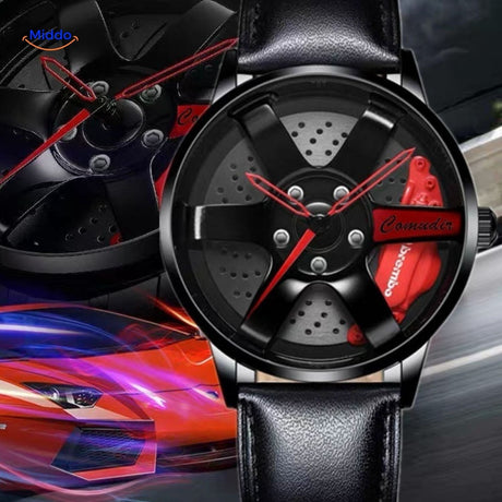 montre automatique avec accents rouges dynamiques et bracelet en maille métallique