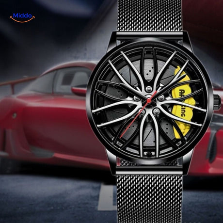 montre automatique homme avec accents rouges et bracelet en maille au design moderne