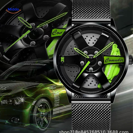 montre automatique avec accents verts et bracelet en maille moderne et légère