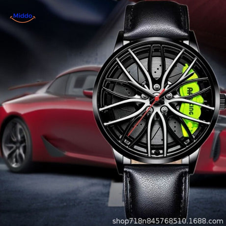 montre automatique portée avec bracelet en cuir et accents verts élégants