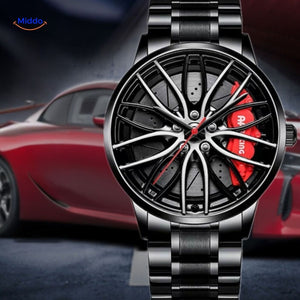 montre automatique homme avec détail rouge et bracelet en acier inoxydable