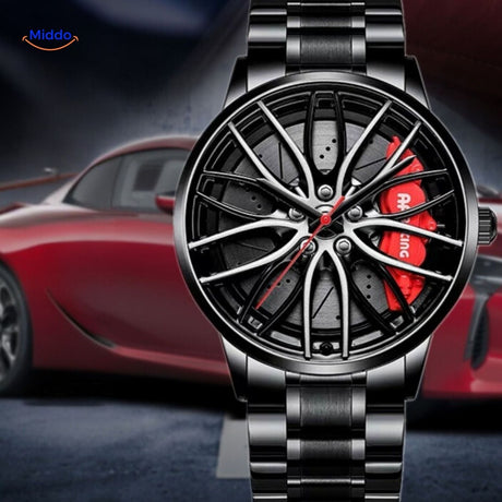 montre automatique homme avec détail rouge et bracelet en acier inoxydable