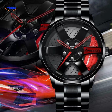 montre automatique avec détail rouge sur le cadran et bracelet en cuir souple