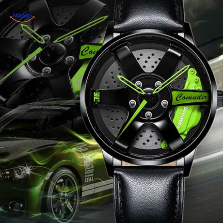 montre automatique détail vert contrastant avec bracelet en cuir robuste