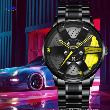 montre automatique homme avec détails jaunes et bracelet en cuir classique