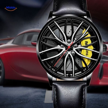 montre automatique avec détails jaunes vifs et bracelet en cuir au style sportif