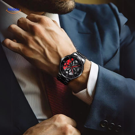 montre automatique avec détails rouges sportifs et design de jante unique