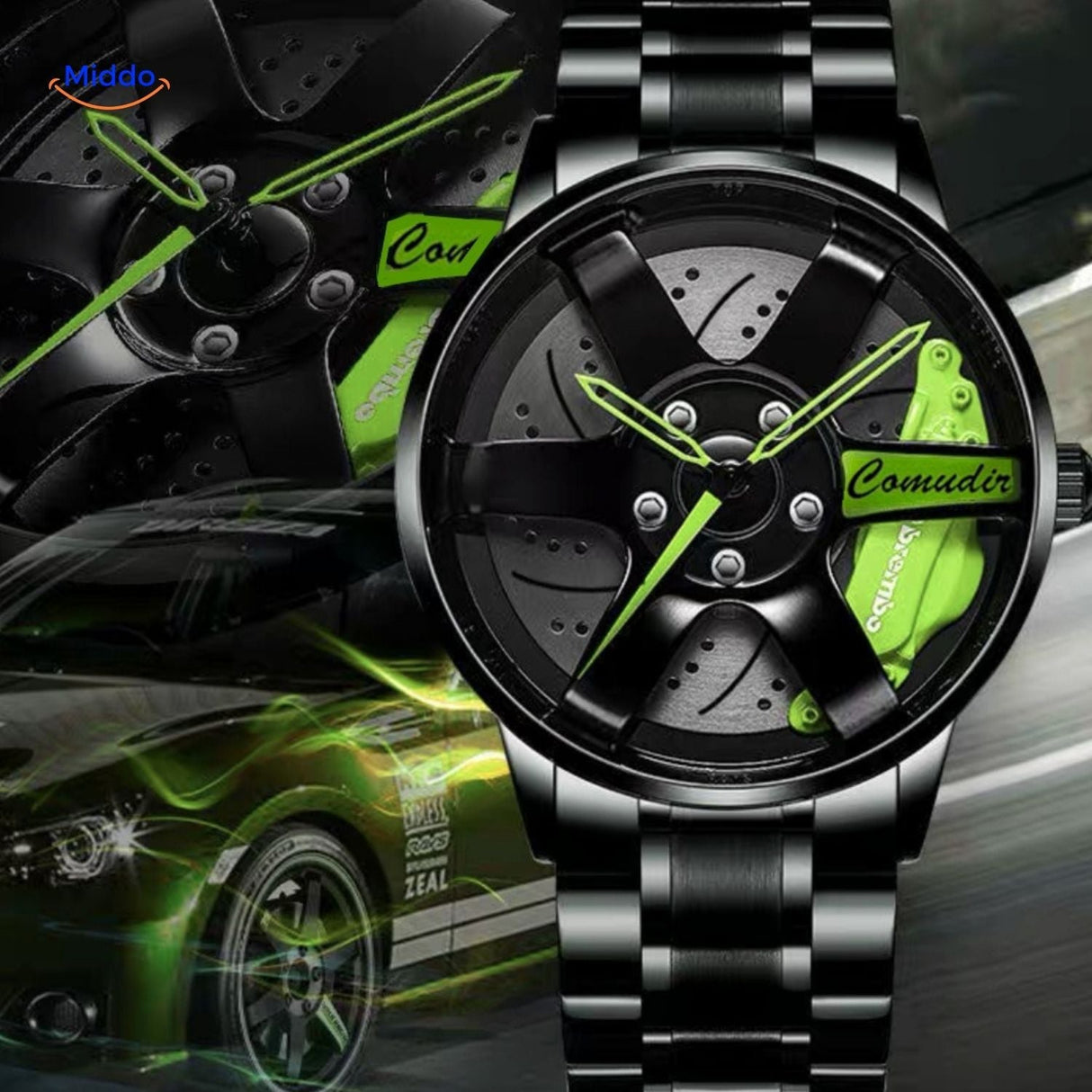montre automatique homme avec détails verts et bracelet en acier inoxydable