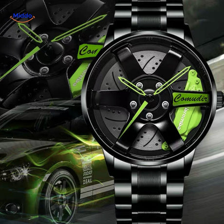 montre automatique homme avec détails verts et bracelet en acier inoxydable