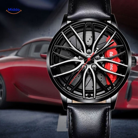 montre automatique au look industriel avec accents rouges intenses sur le cadran