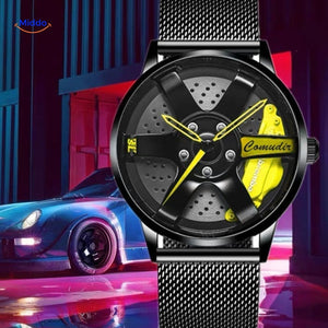 montre automatique sportive avec détails jaunes et bracelet en maille légère