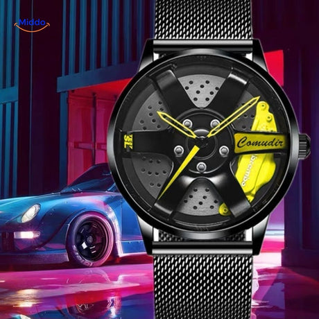 montre automatique sportive avec détails jaunes et bracelet en maille légère