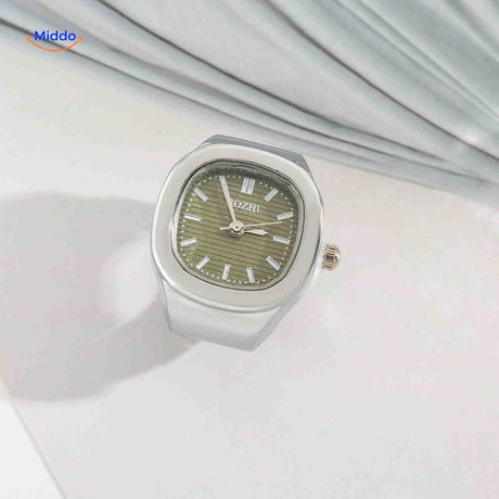 montre-bague argent avec cadran vert, accessoire de mode original