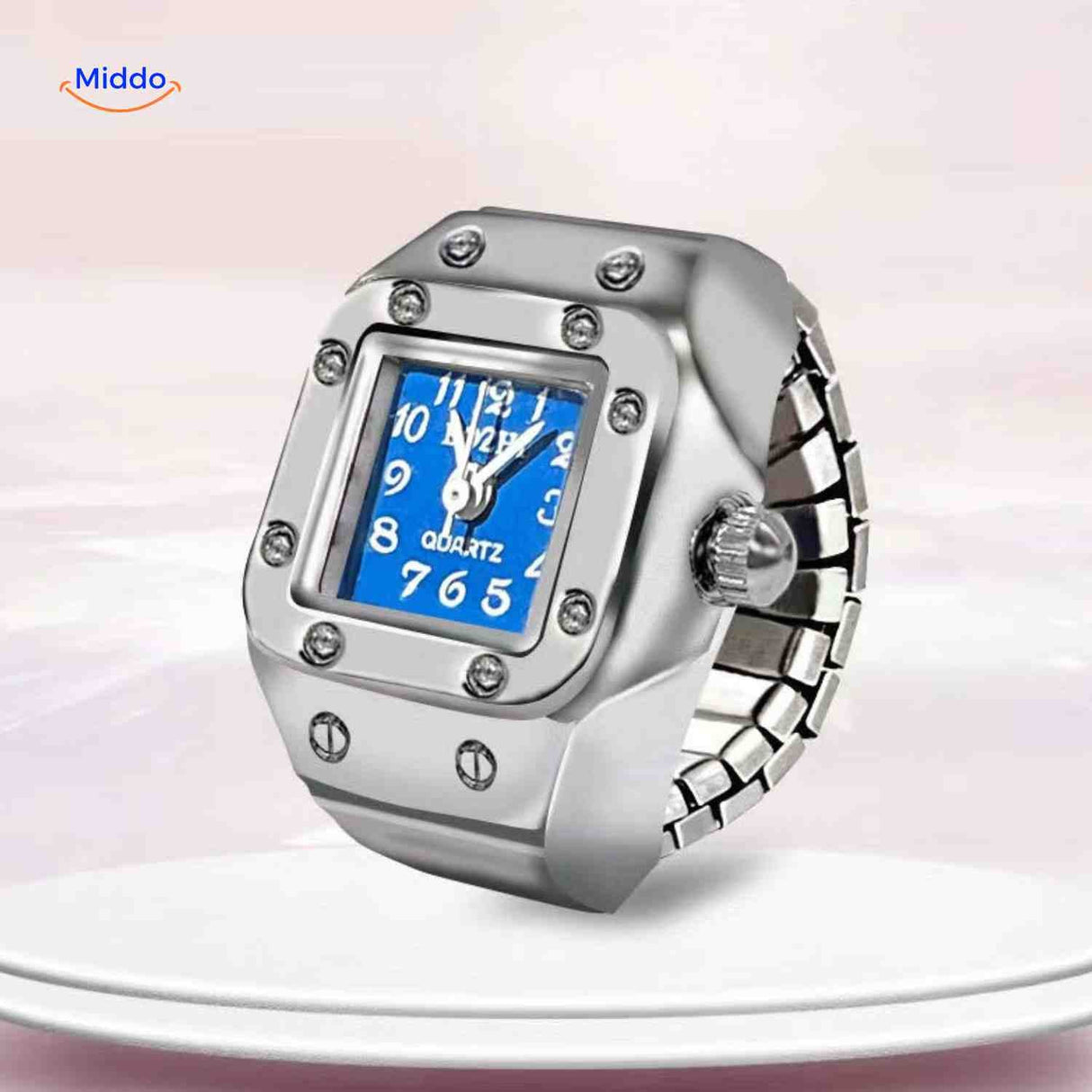 montre-bague bleue à cadran carré quartz, style unisexe contemporain