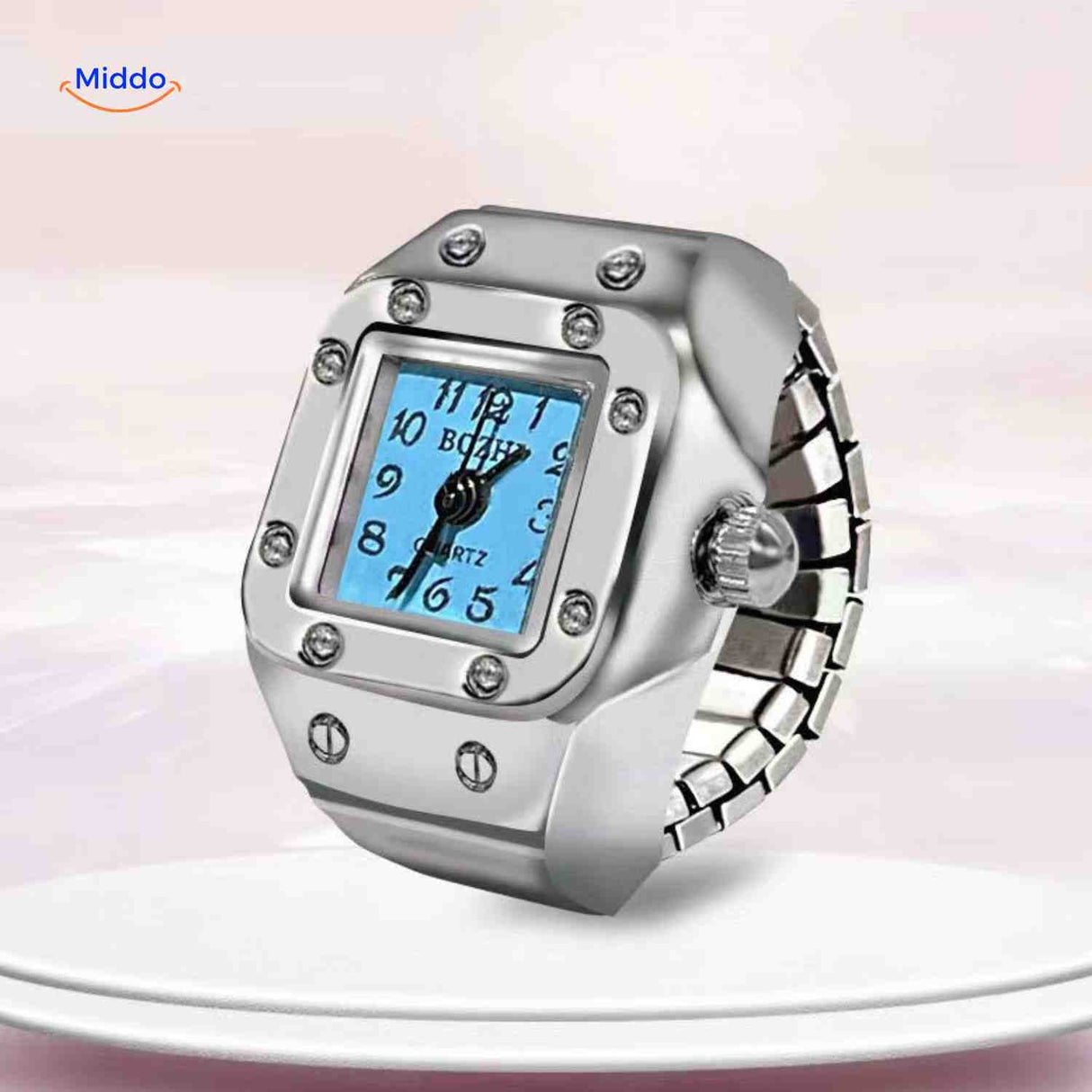 montre-bague bleue quartz, modèle unisexe disponible en plusieurs tailles
