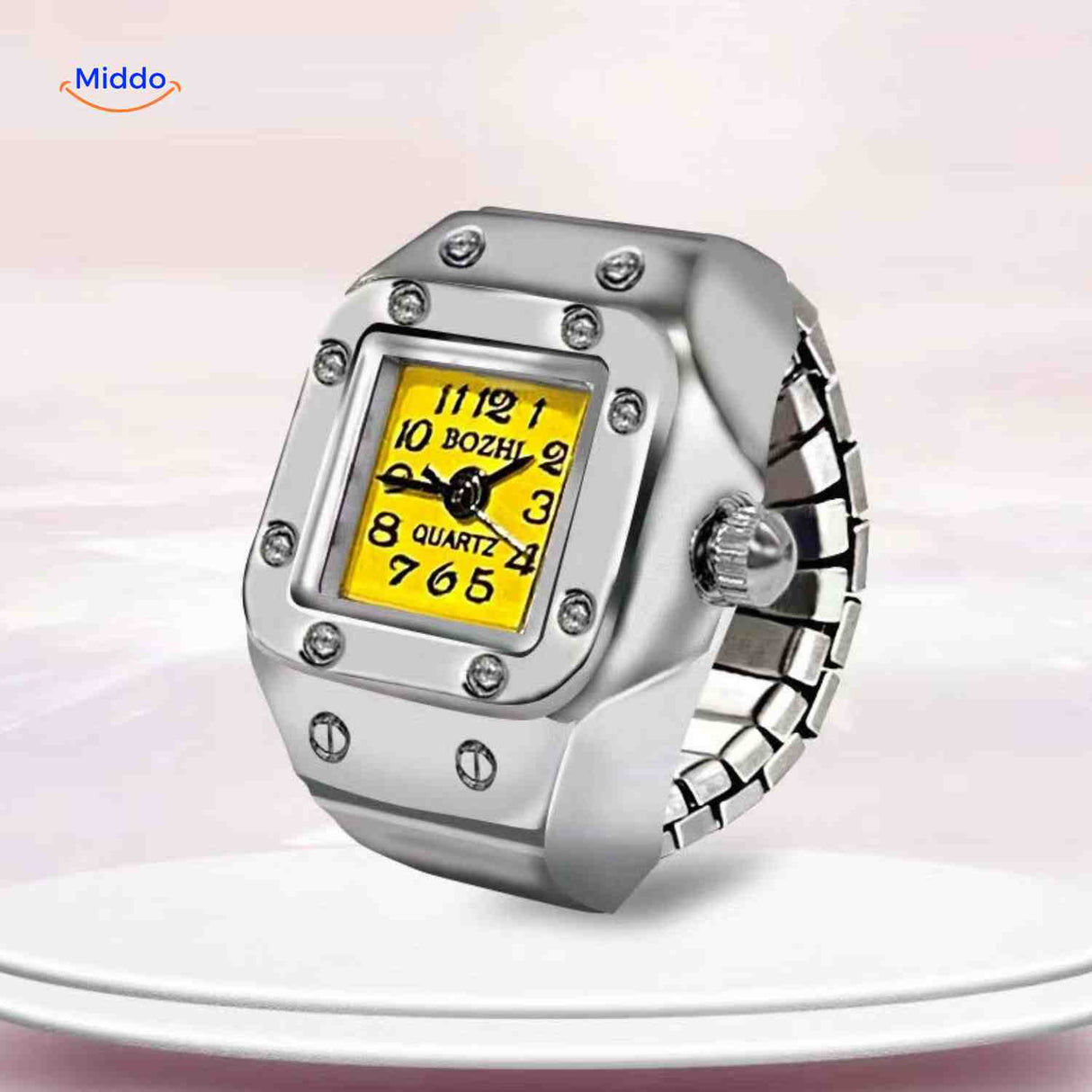 montre-bague jaune à cadran carré, ajustable selon la taille du doigt