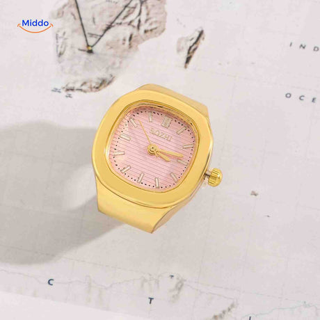 montre-bague en or avec cadran rose, bijou fantaisie féminin et moderne