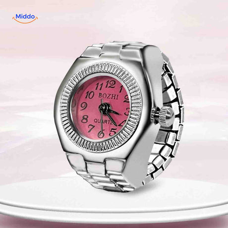 montre-bague rose ronde quartz, idéale comme bijou pour femme