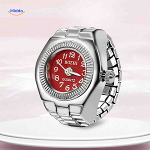 montre-bague ronde rouge élégante, portée en bijou unisexe au quotidien