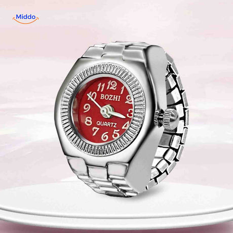 montre-bague ronde rouge élégante, portée en bijou unisexe au quotidien