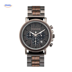montre en bois chronographe avec bois sombre et boîtier contrasté, look distingué et moderne