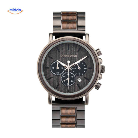 montre en bois chronographe avec bois sombre et boîtier contrasté, look distingué et moderne
