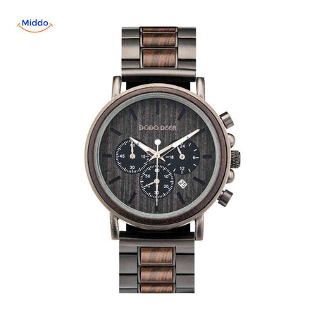 montre en bois chronographe avec bois sombre et boîtier contrasté, look distingué et moderne