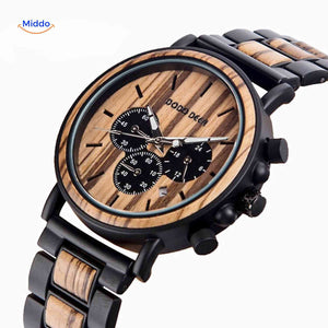 montre en bois chronographe avec boîtier en acier noir, contraste élégant entre bois et métal
