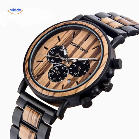 montre en bois chronographe avec boîtier en acier noir, contraste élégant entre bois et métal