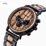 montre en bois chronographe avec boîtier en acier noir, contraste élégant entre bois et métal