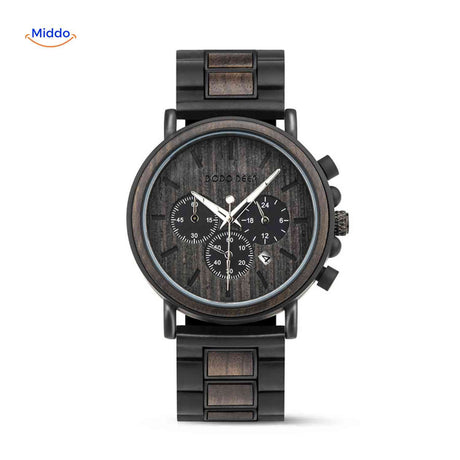 montre en bois chronographe avec cadran texturé en bois, veinure naturelle en relief sur le cadran