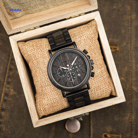 montre en bois chronographe dans son coffret en bois, présentation luxe idéale pour offrir