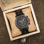 montre en bois chronographe dans son coffret en bois, présentation luxe idéale pour offrir