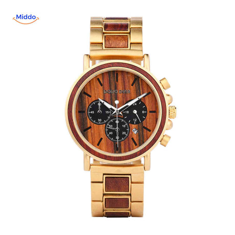 zoom sur la fonction date de la montre en bois chronographe, fenêtre de date clairement lisible
