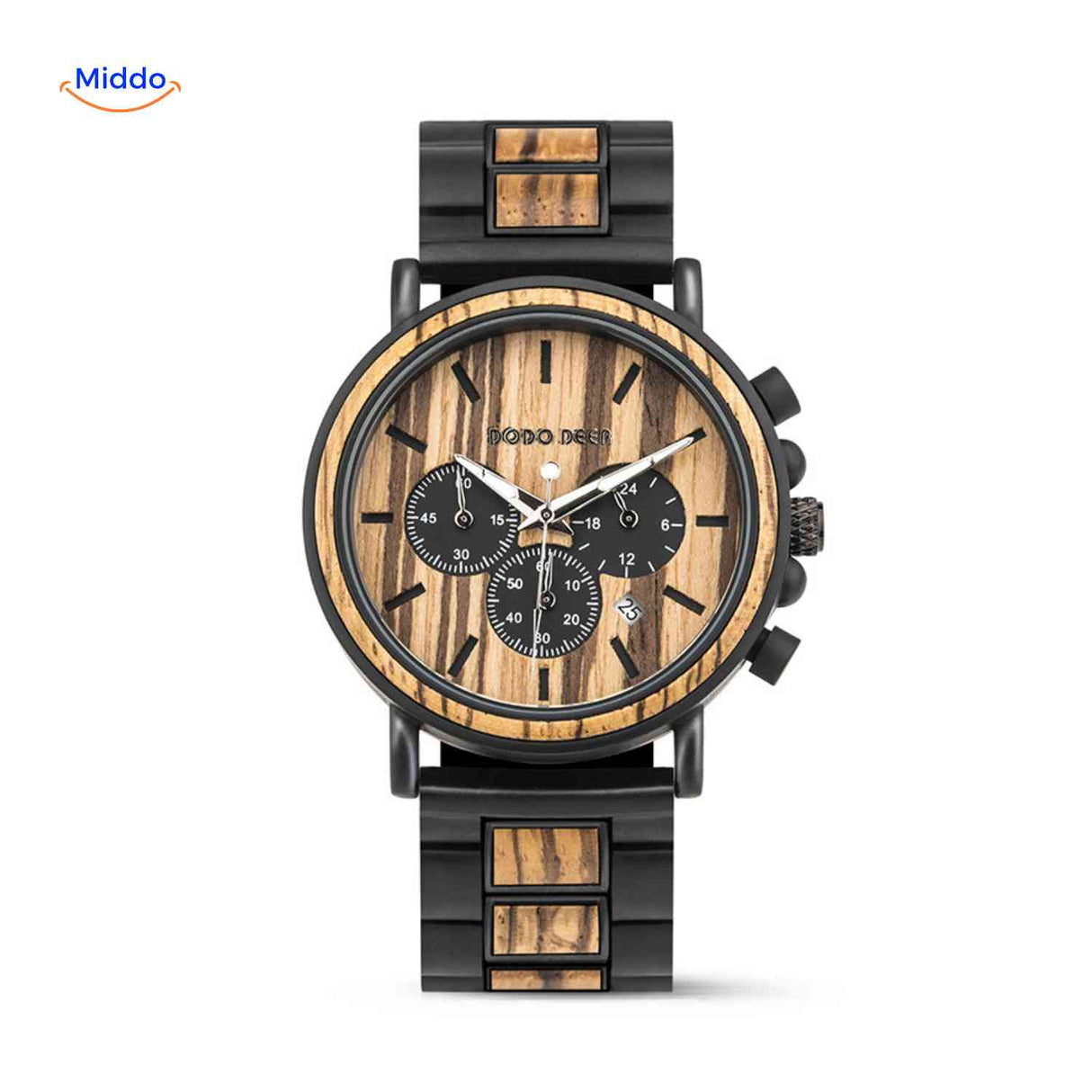 montre en bois chronographe avec grain et veinure naturels bien visibles, beauté du bois authentique