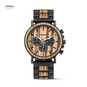 montre en bois chronographe avec grain et veinure naturels bien visibles, beauté du bois authentique