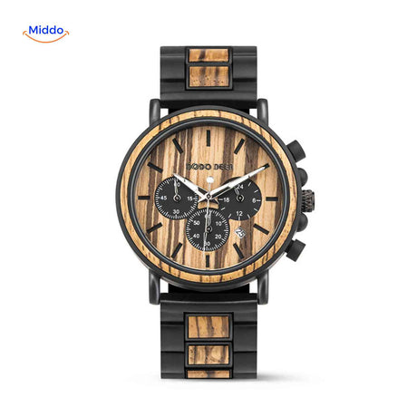 montre en bois chronographe avec grain et veinure naturels bien visibles, beauté du bois authentique