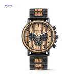 montre en bois chronographe avec grain et veinure naturels bien visibles, beauté du bois authentique